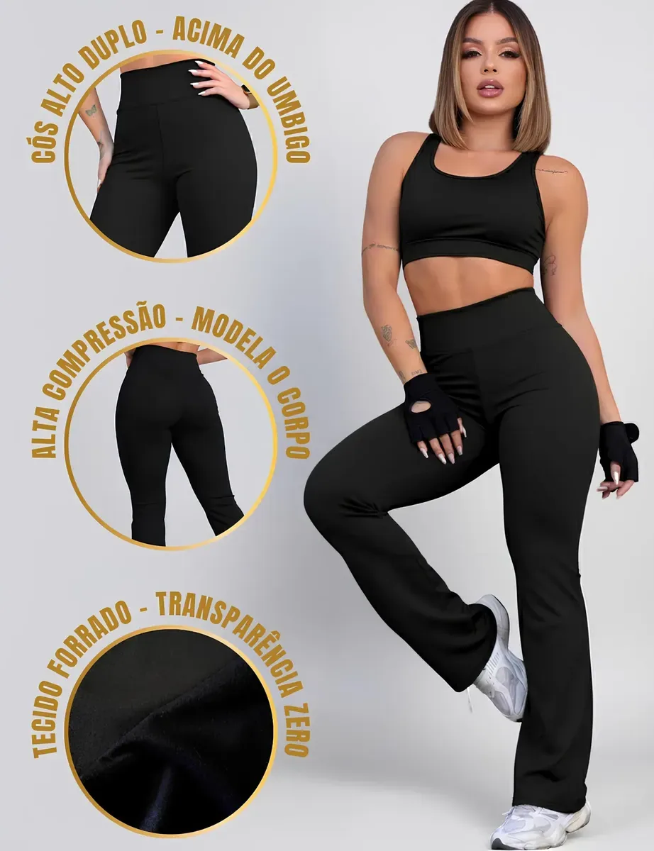 Calça feminina flare fitness preta — fotografia fornecida para a vitrine